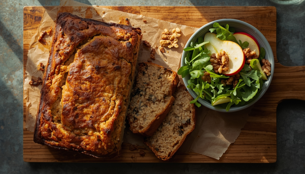 Veggie-Protein-Loaf-with-Arugula-Pear-Walnut-Salad