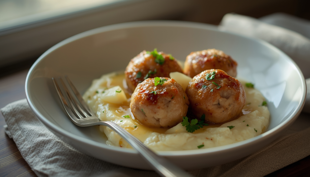 Low-Carb Garlic Butter Chicken Meatballs with Cauliflower Mash