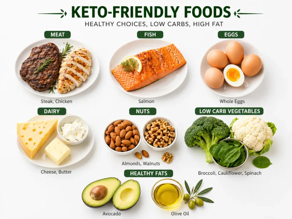 keto food list meat fish eggs dairy nuts vegetables healthy fats