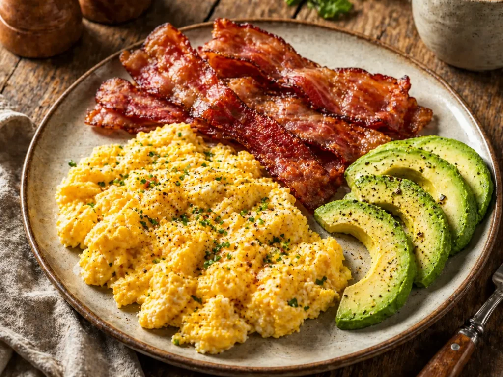 keto breakfast eggs bacon avocado