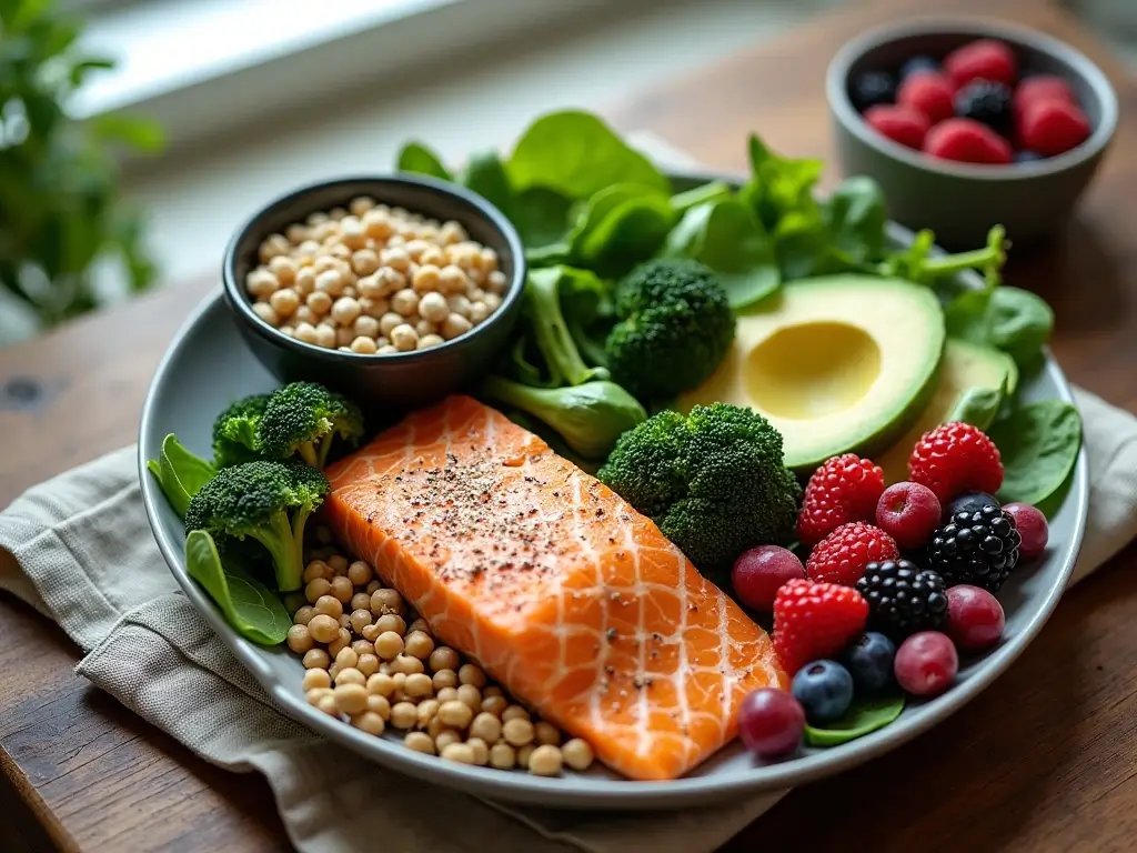Low glycemic index food list with vegetables, legumes, berries, and salmon