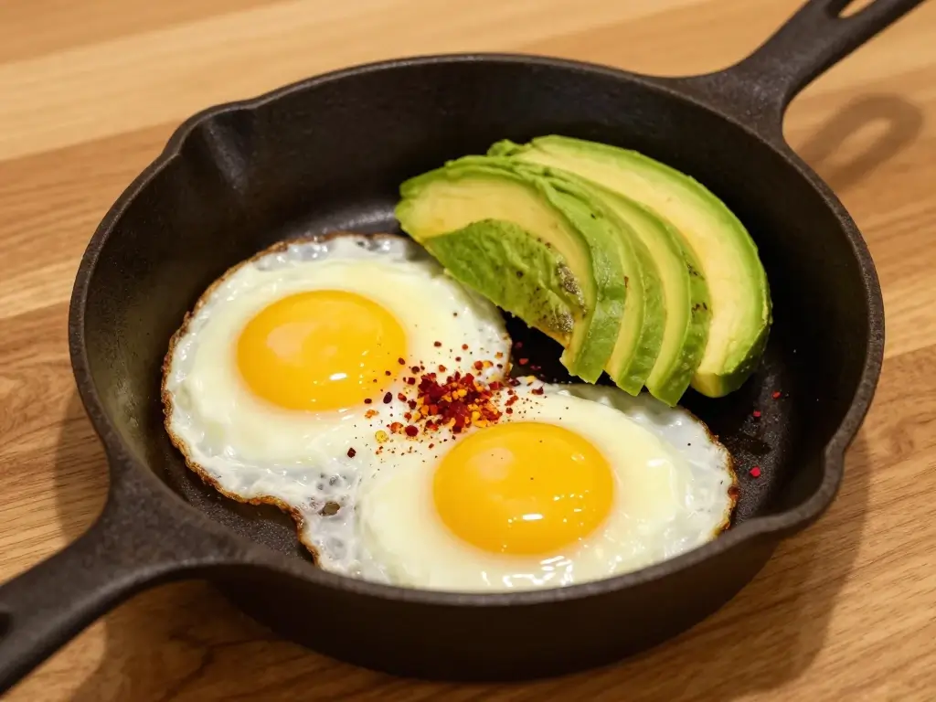 fried eggs with avocado high protein breakfast